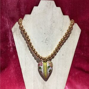 Vintage TRIFARI Large Enamel Cloissione heart pendant long necklace